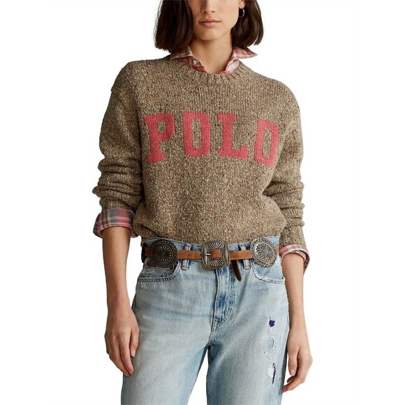 POLO RALPH LAUREN Tan Pink Logo Wool Blend Varsity Crew Neck Sweater, Size S - Picture 1 of 15